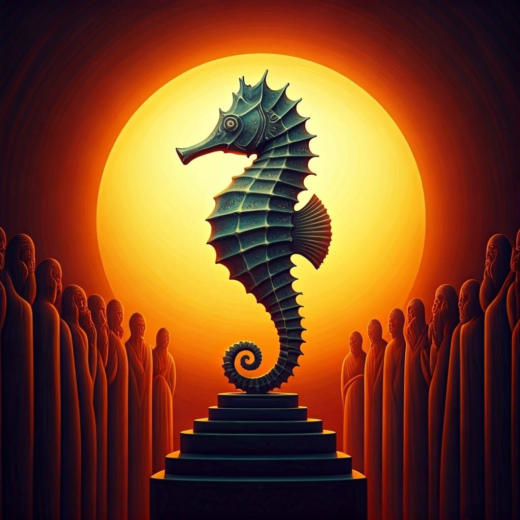 Seahorse Idol Worship at Sunset, in Surrealist Style