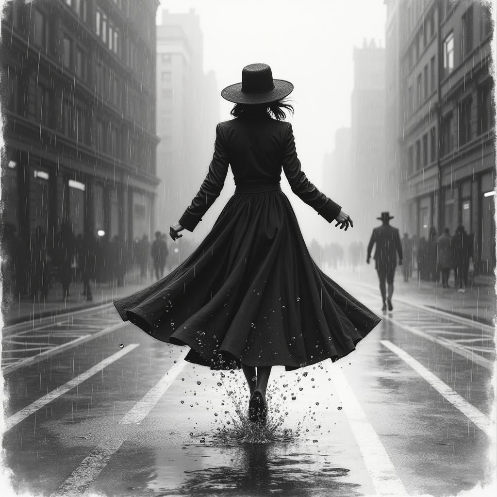 Woman Dancing in Rainy Street: Charcoal Drawing