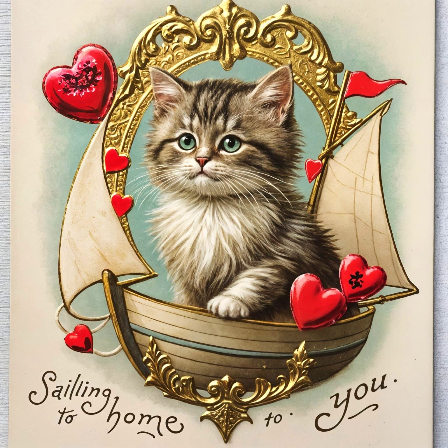 Victorian Valentine Kitten Sails Home with Heart Sails