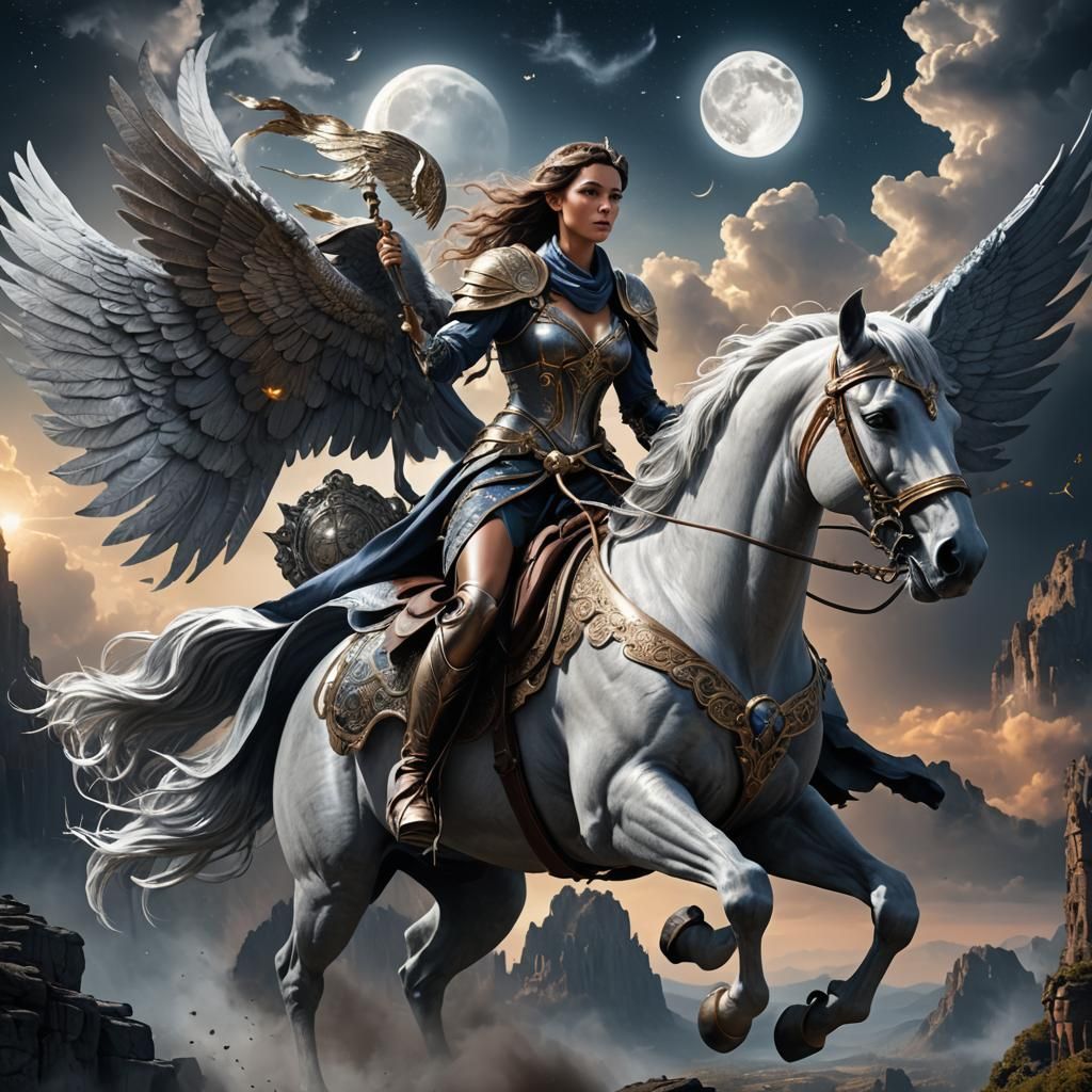 Woman on Winged Horse Before Silver Moon