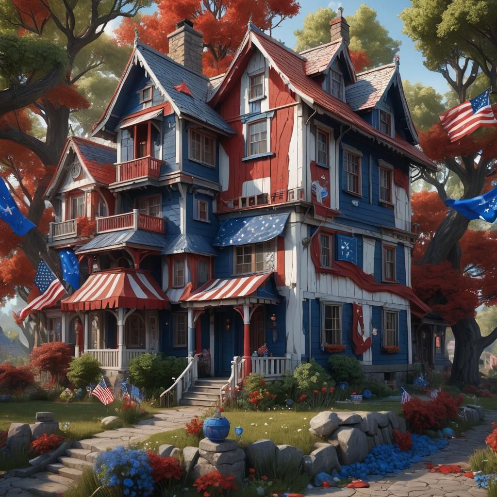 Patriotic House in Detailed Matte Painting Style