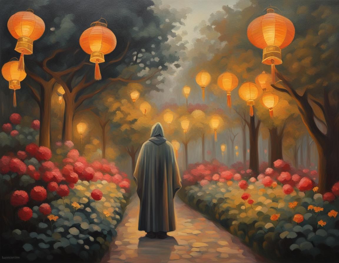Mystical Figure in Surrealist Evening Garden Painting
