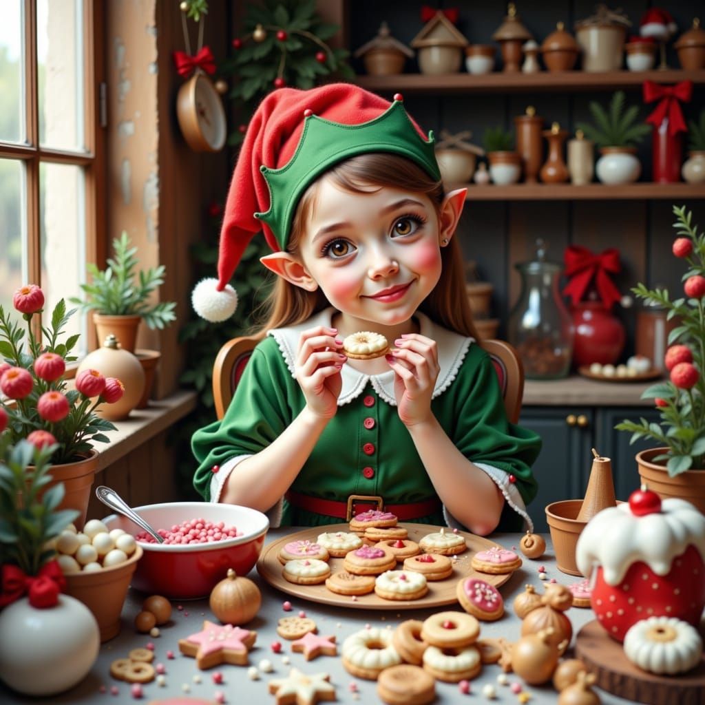 Cute Elf Girl Baking Christmas Treats in Workshop