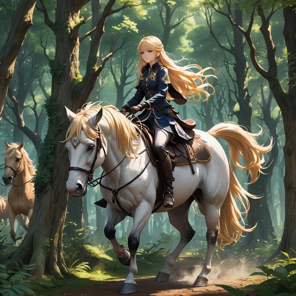 Anime Girl on Horseback in Enchanted Forest