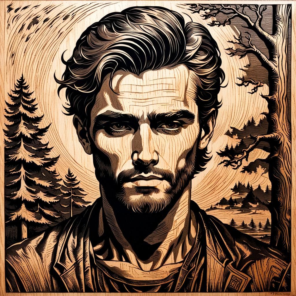 Wood Etching of a Beautiful Man
