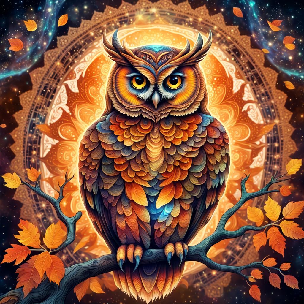Filigree Fractal Owl in Holographic Astral Colors