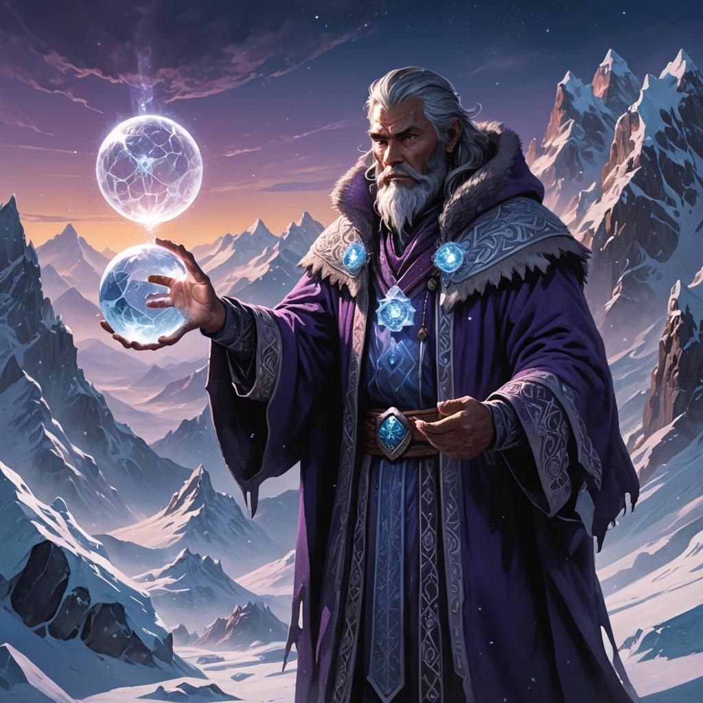 Ice Mage with Magic Orb in Frozen Mountains