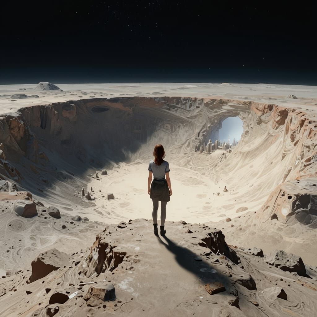 Woman Gazes Into Underground City Crater on Alien World