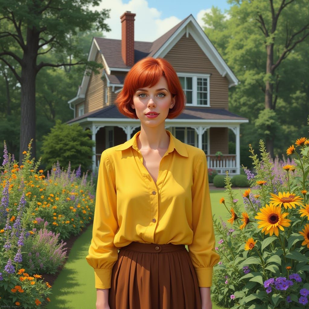 Hyperrealistic Portrait of Woman in New England Garden