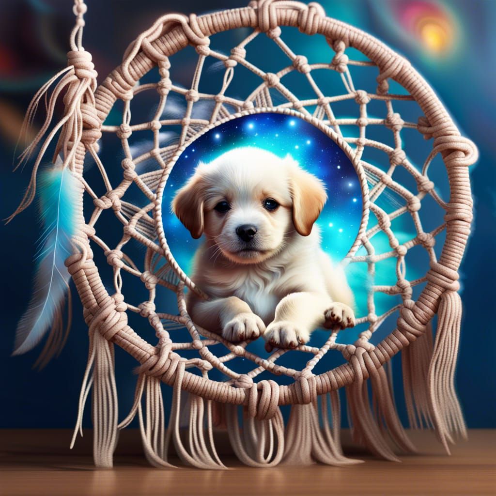 Surreal Puppy Dreams Under Astral Dreamcatcher