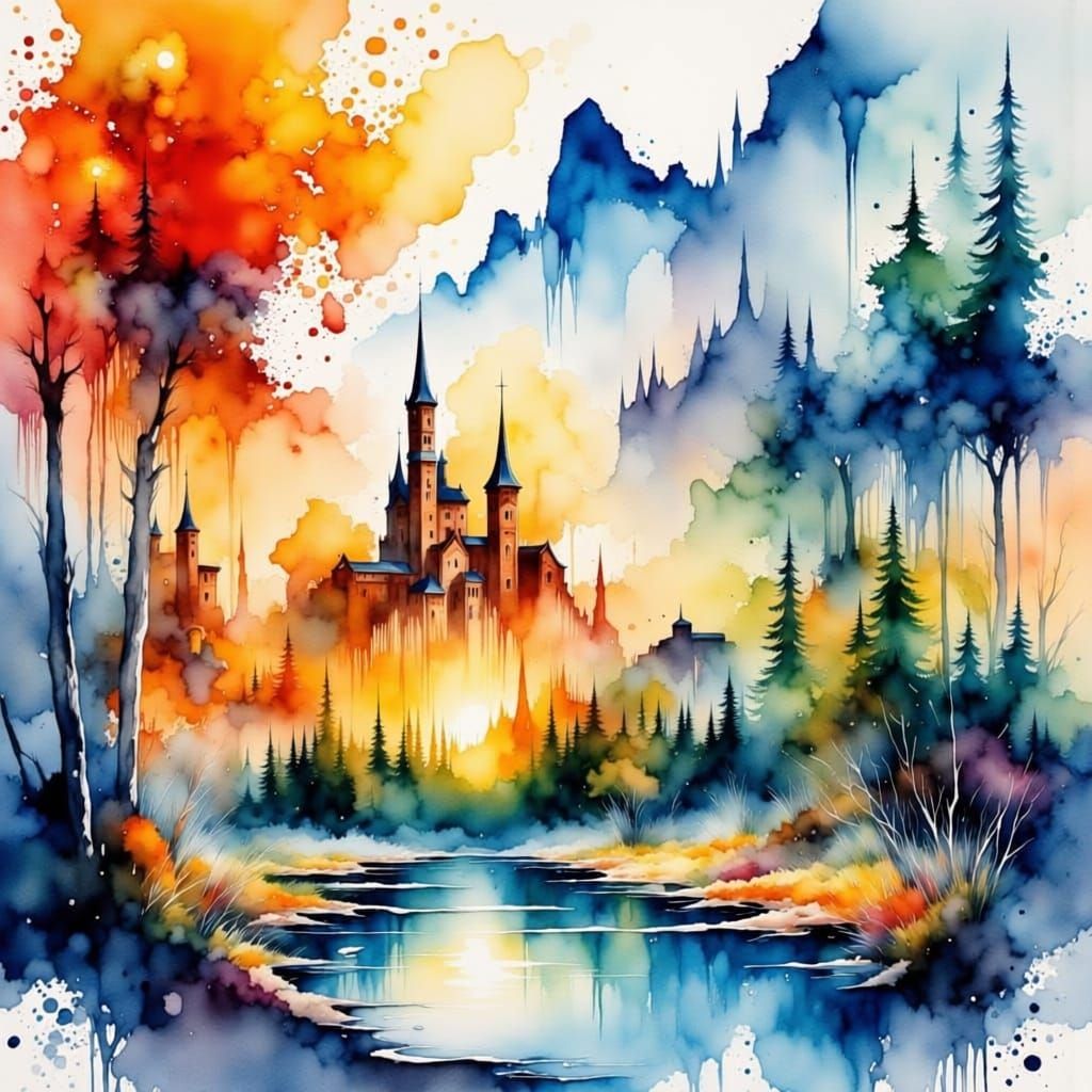 Shimmering Abstract Landscape in Watercolor Style