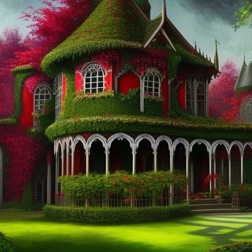 Gothic House with Vines in Impressionist Style