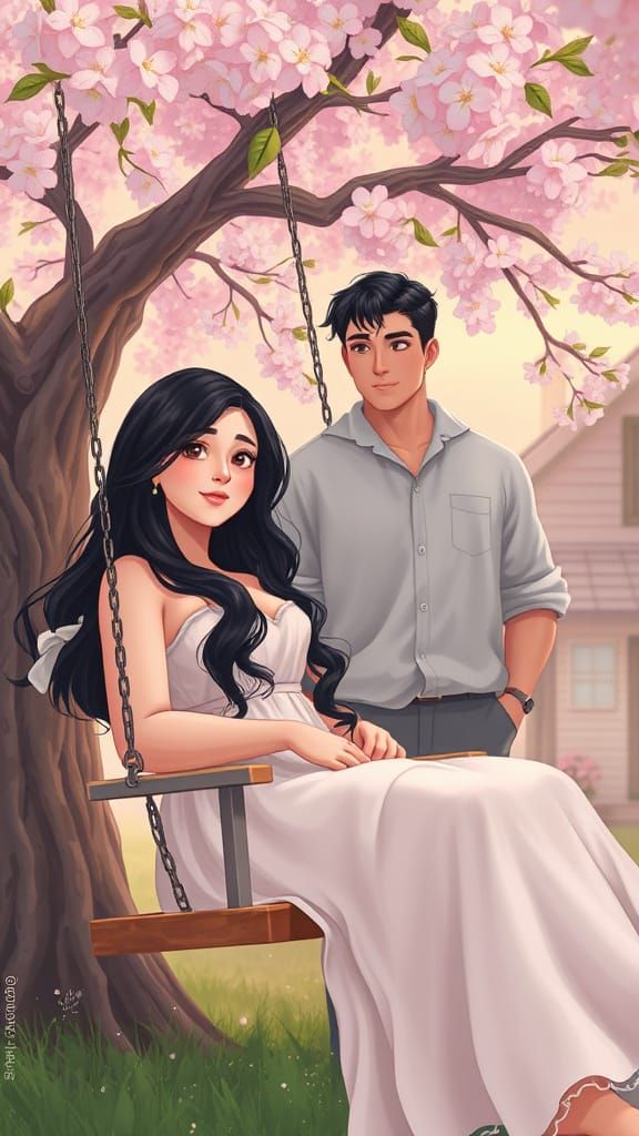 Romantic Scene with Woman on Swing in Cartoon Realism