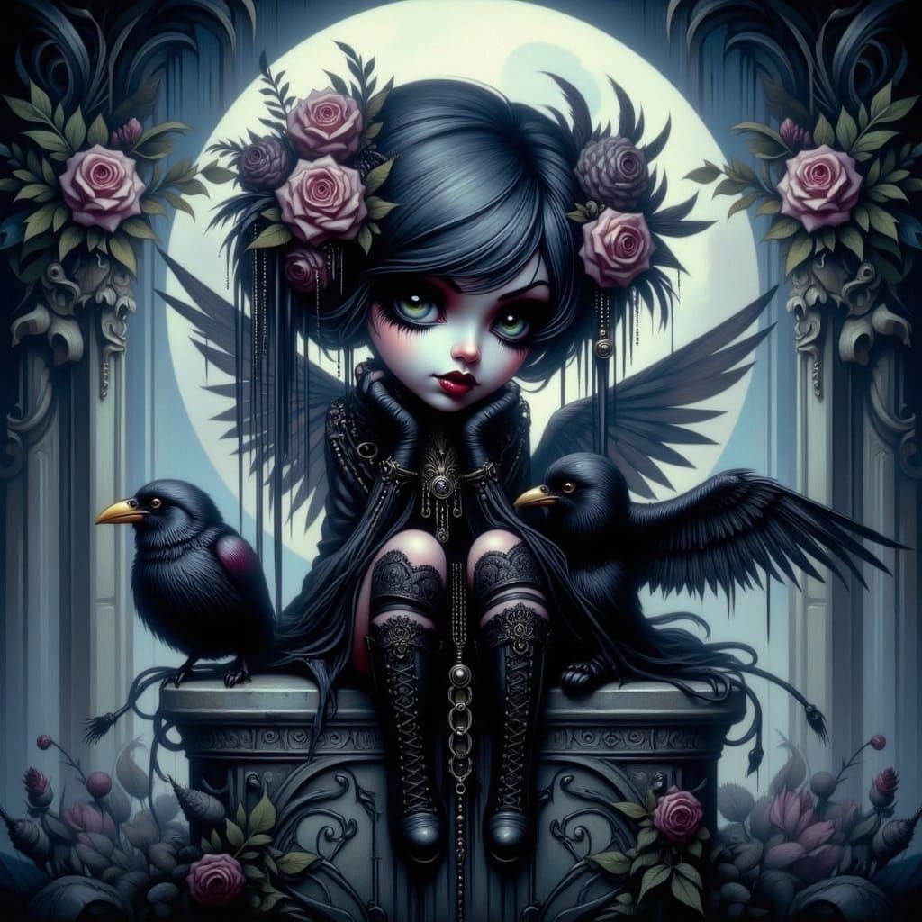Whimsical Goth Chibi Girl on Tombstone in Romantic Goth Styl...