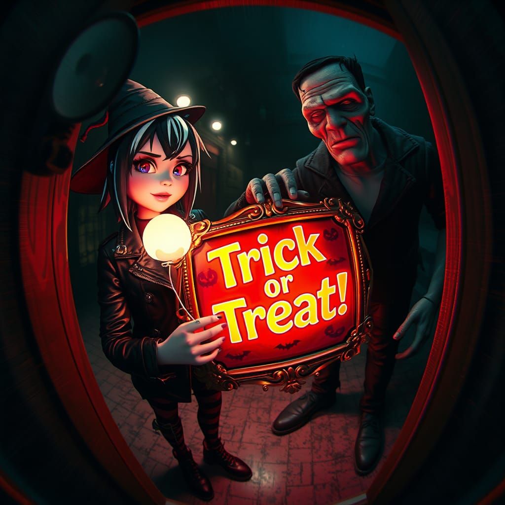 3D Cartoon Witch and Frankenstein's Monster CCTV