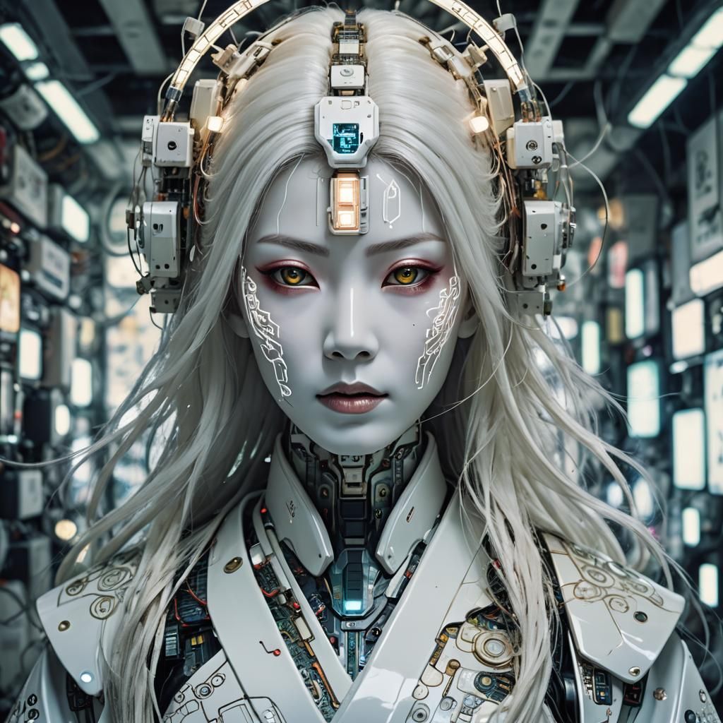 Geisha Android Repair in Futuristic Workshop