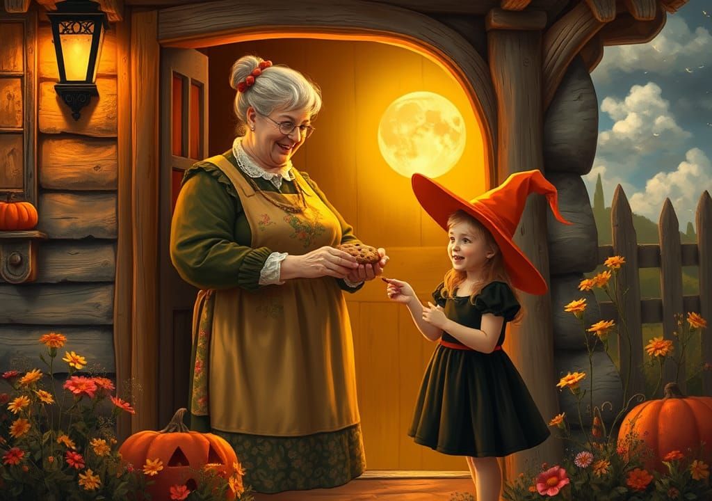 Kind Woman Greets Witch on Halloween, Old Masters Style