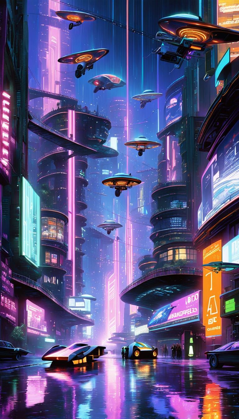 Cyberpunk Metropolis at Night: Futuristic Urban Dystopia