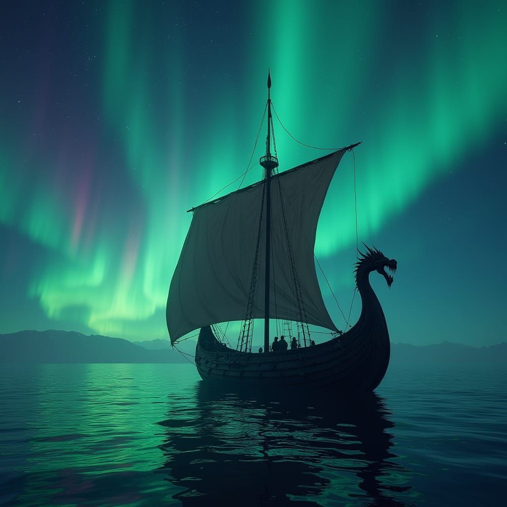 Ethereal Viking Longship Sails Under Celestial Aurora