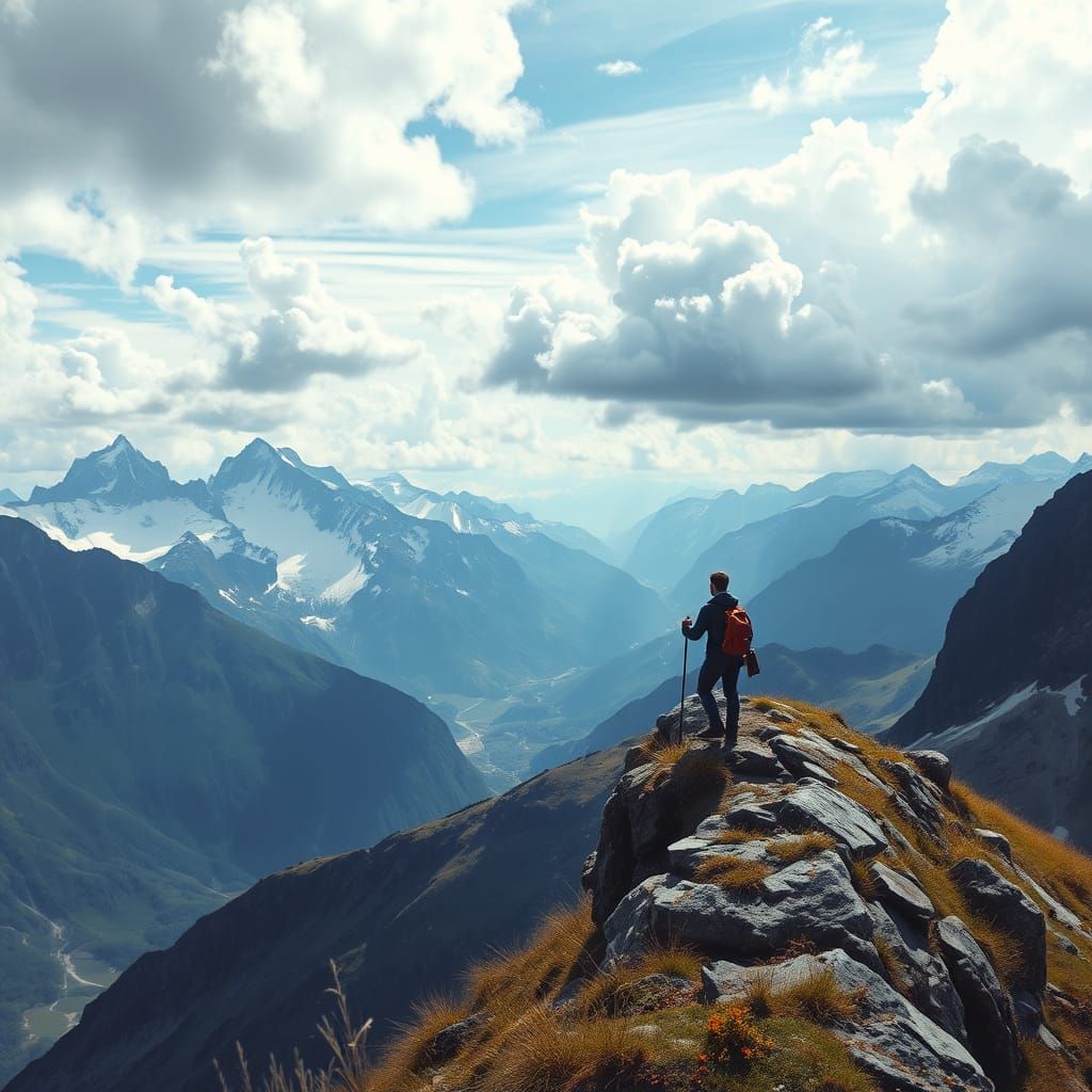 Hiker's Alpine Panorama in Classical Landscape Style