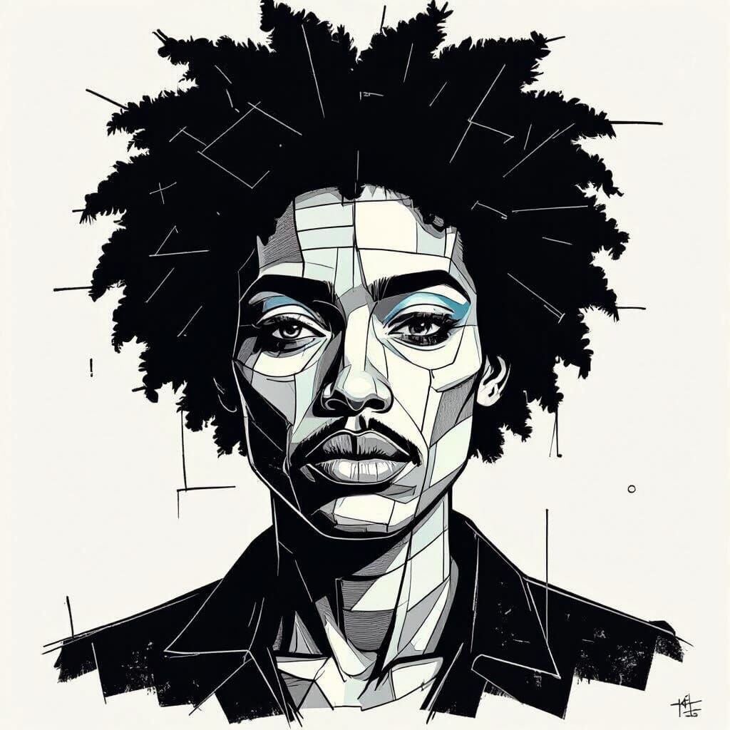 Afro-Surrealist Portrait in Single-Line Grunge Style