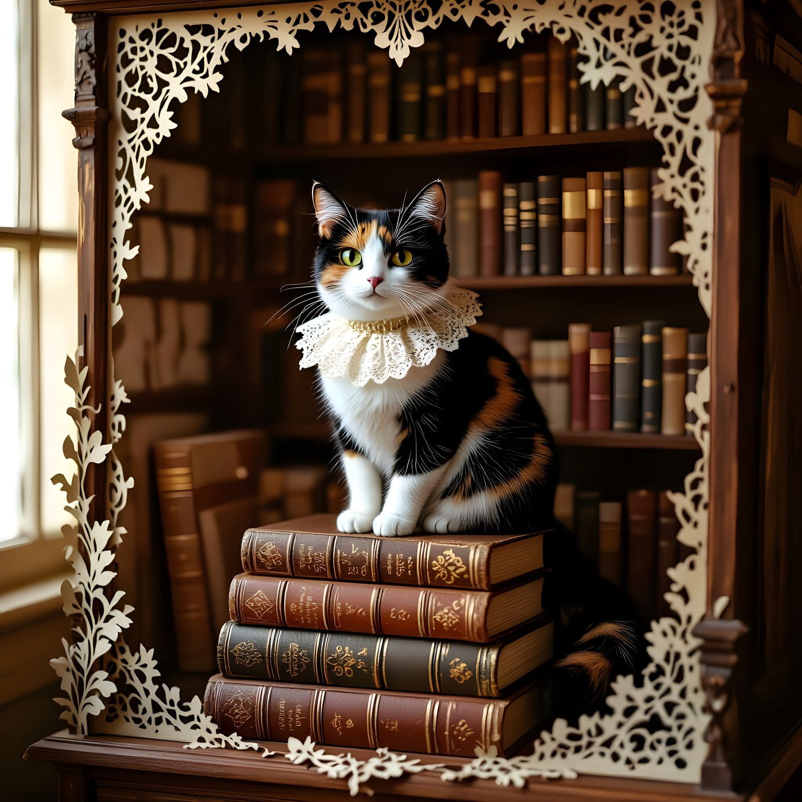 Calico Cat in Victorian Paper-Cut Diorama