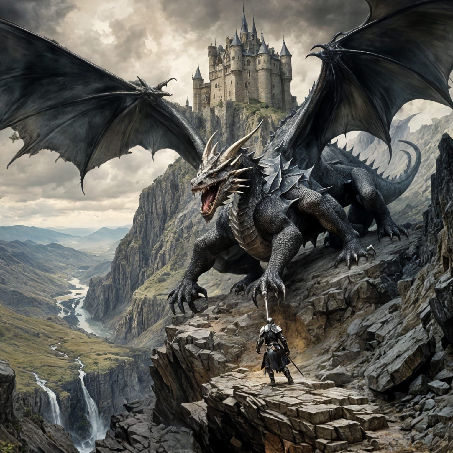 Knight and Dragon Battle in Charcoal Sketch