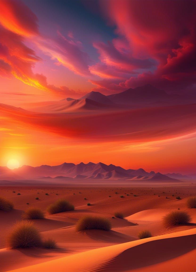 Vibrant Desert Sunset with Oasis, Hyperdetailed Concept Art