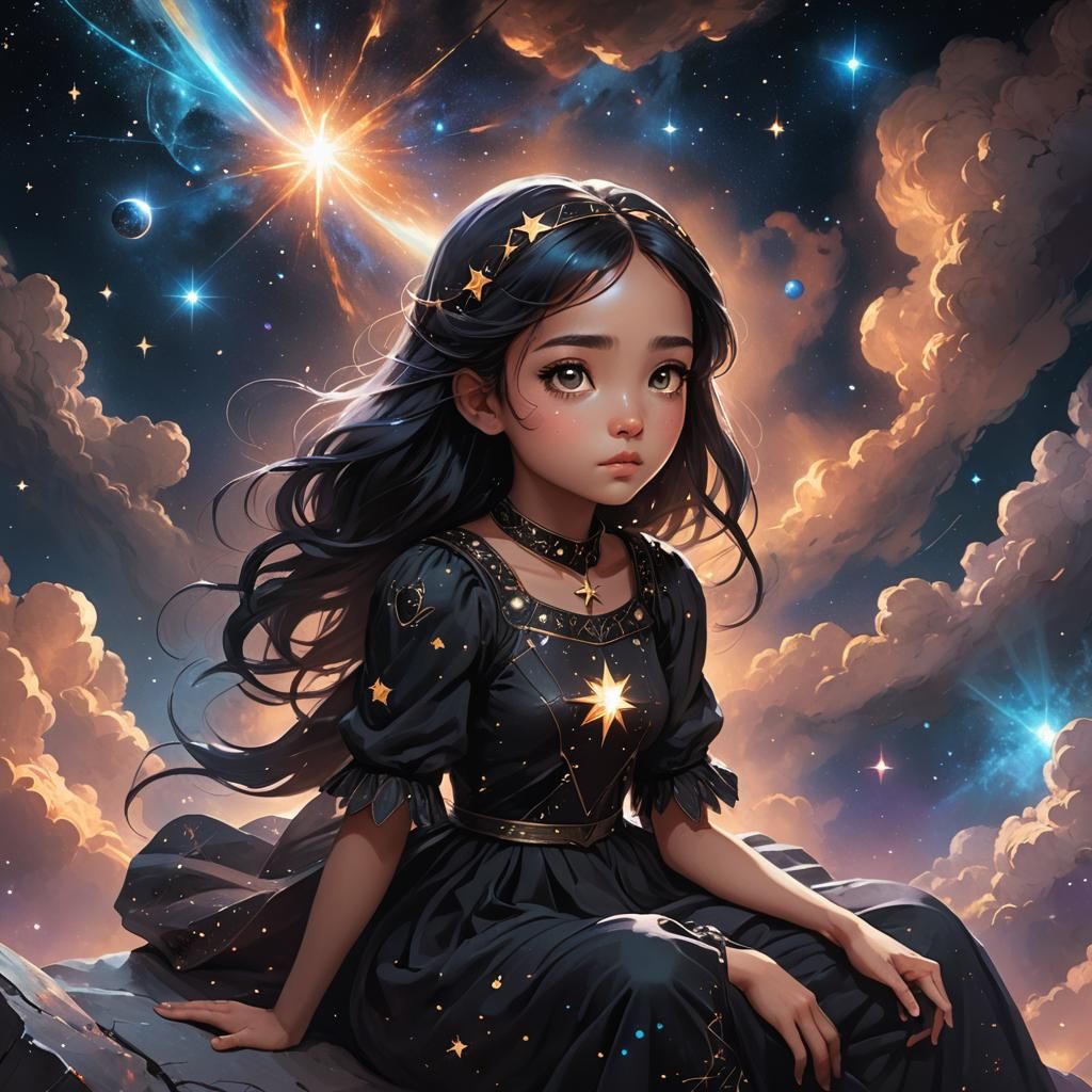 Nebula-Eyed Girl on Glowing Stone in Space
