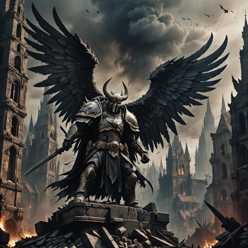 Horned Angel in Ruined Cityscape: Grimdark Warhammer Art