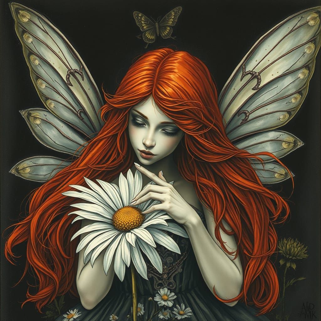 Summer Fairy Smelling Daisy in Dark Fantasy Style