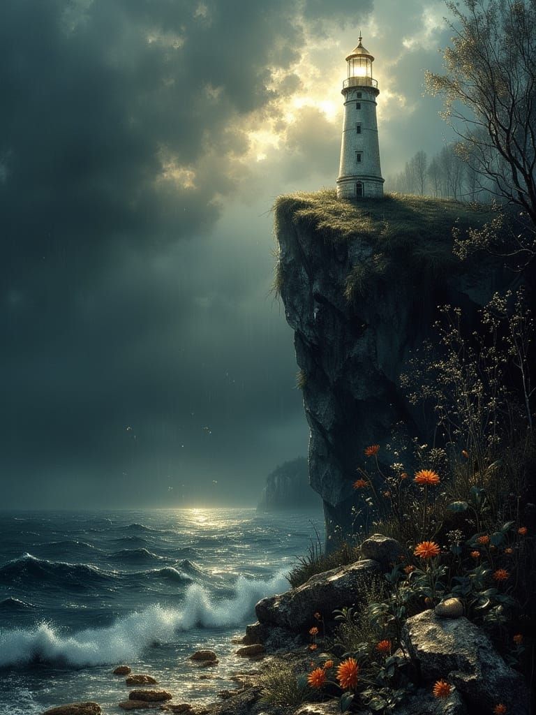 Gothic Lighthouse on Cliff Edge in Stormy Seas