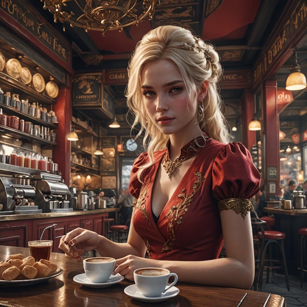 Blonde Woman in Red Dress at Cafe