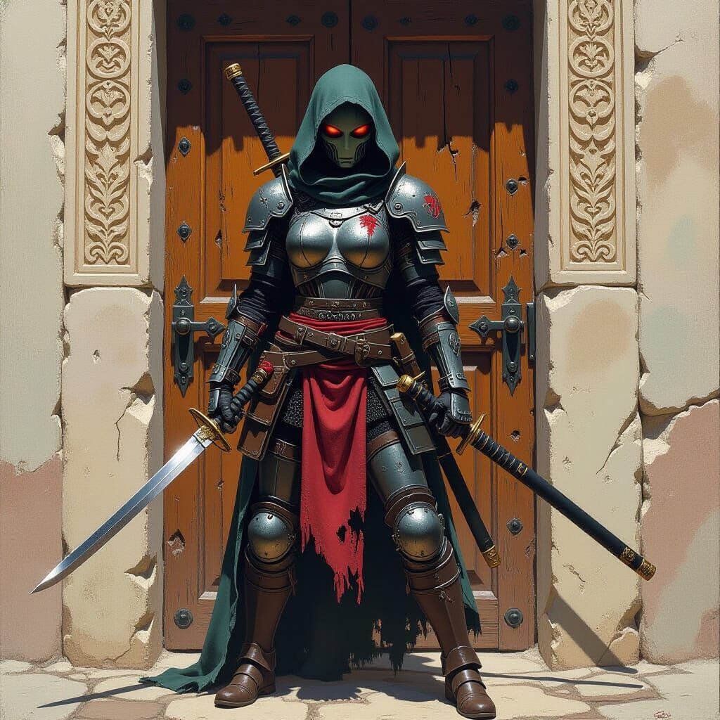 Zombie Robot Guarding Door as Oil Painting