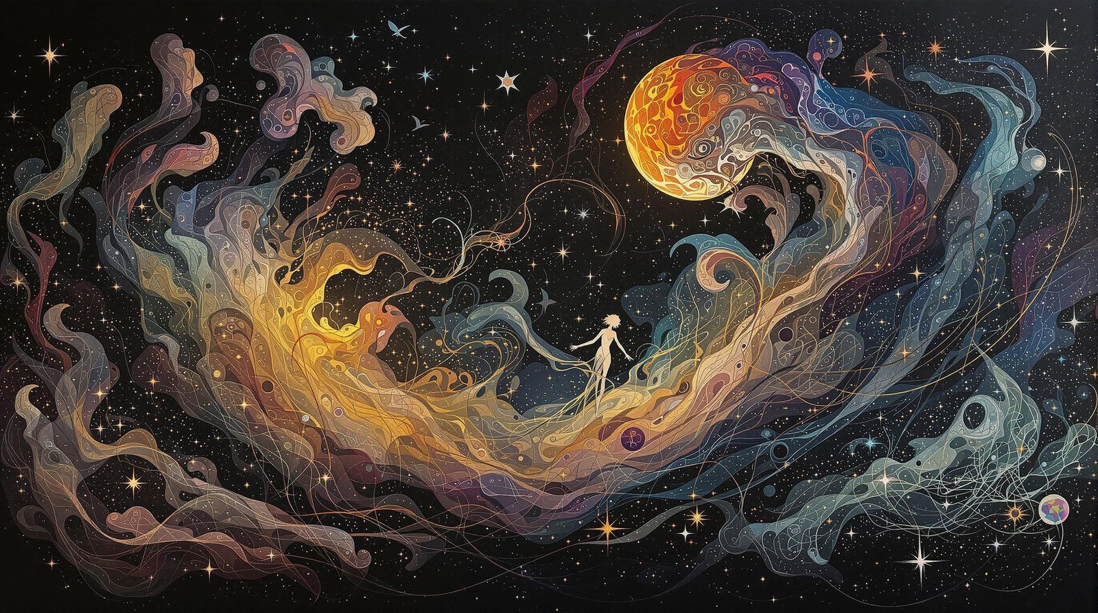 Dreamlike Nocturnal Odyssey in Art Nouveau Style