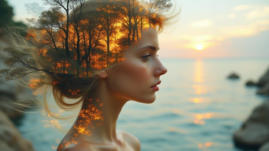 Surreal Woman with Foliage Hair in Cosmic Landscape