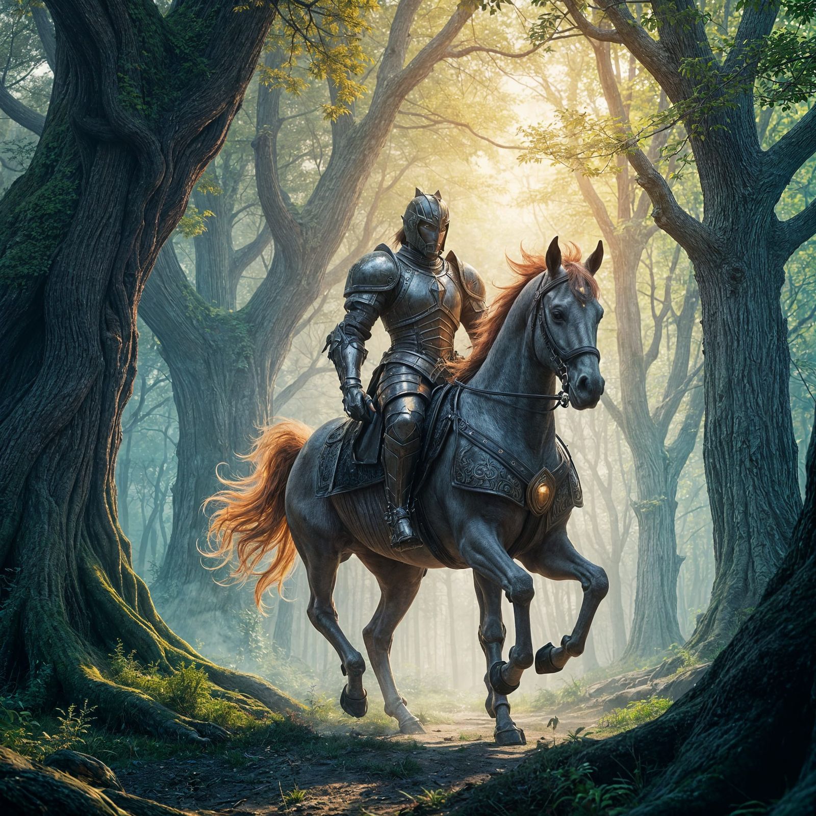 Knights on Horseback in Fantasy Forest