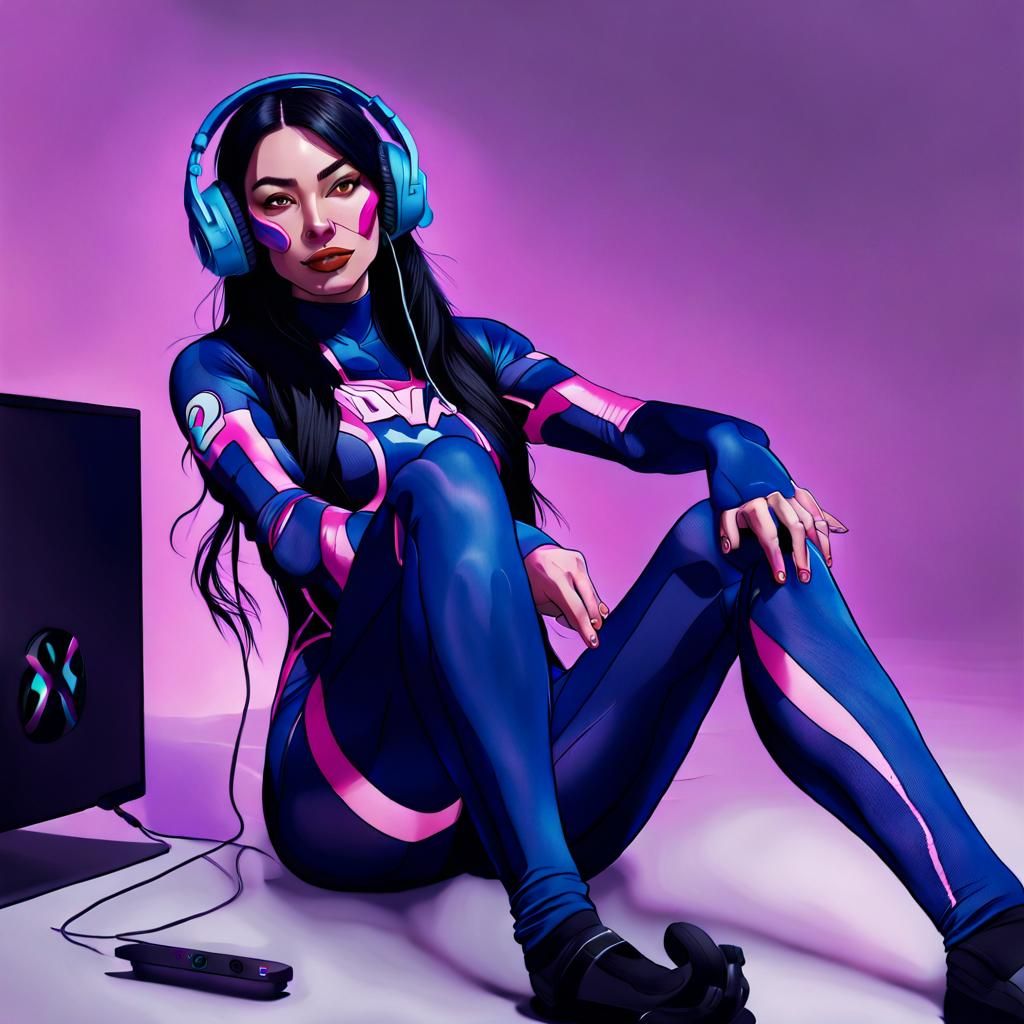Latina Gamer Girl in Dva Bodysuit, Digital Art