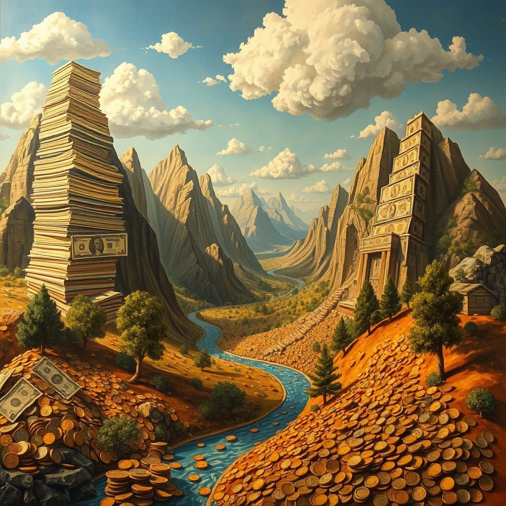 Surreal Mountains of Vintage Banknotes with Molten Gold Rive...