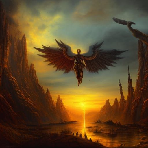 Angel of Death at Sunset: Hyperdetailed Matte Painting
