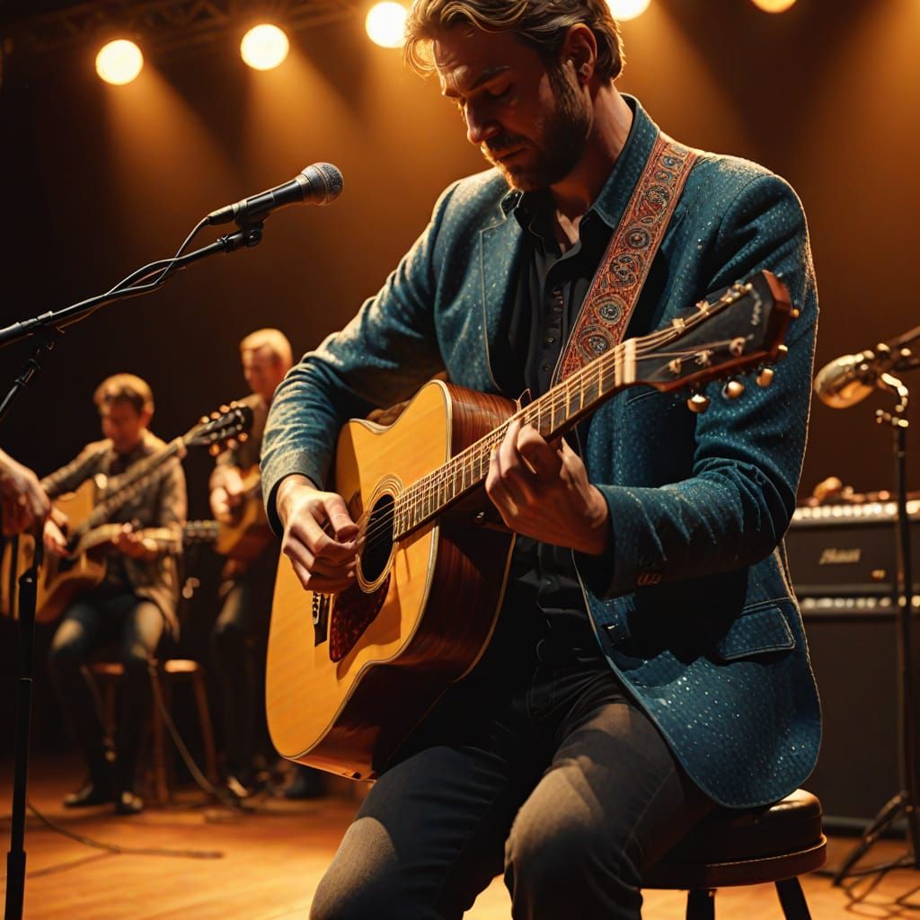 Guitarist Performing on Stage in Folk Art Style