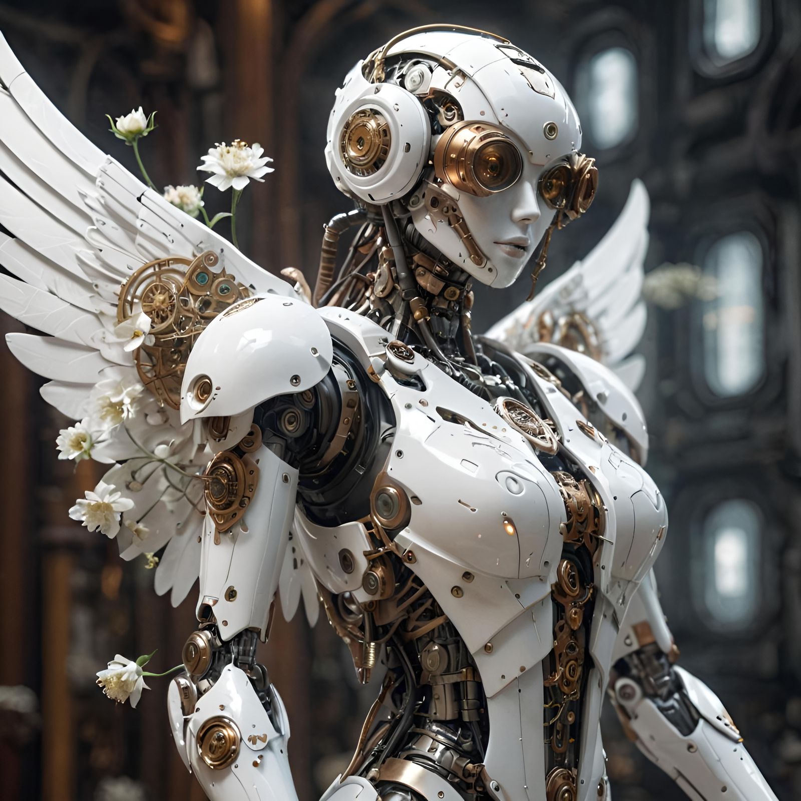 Steampunk Robot Angel in Futuristic Spacesuit