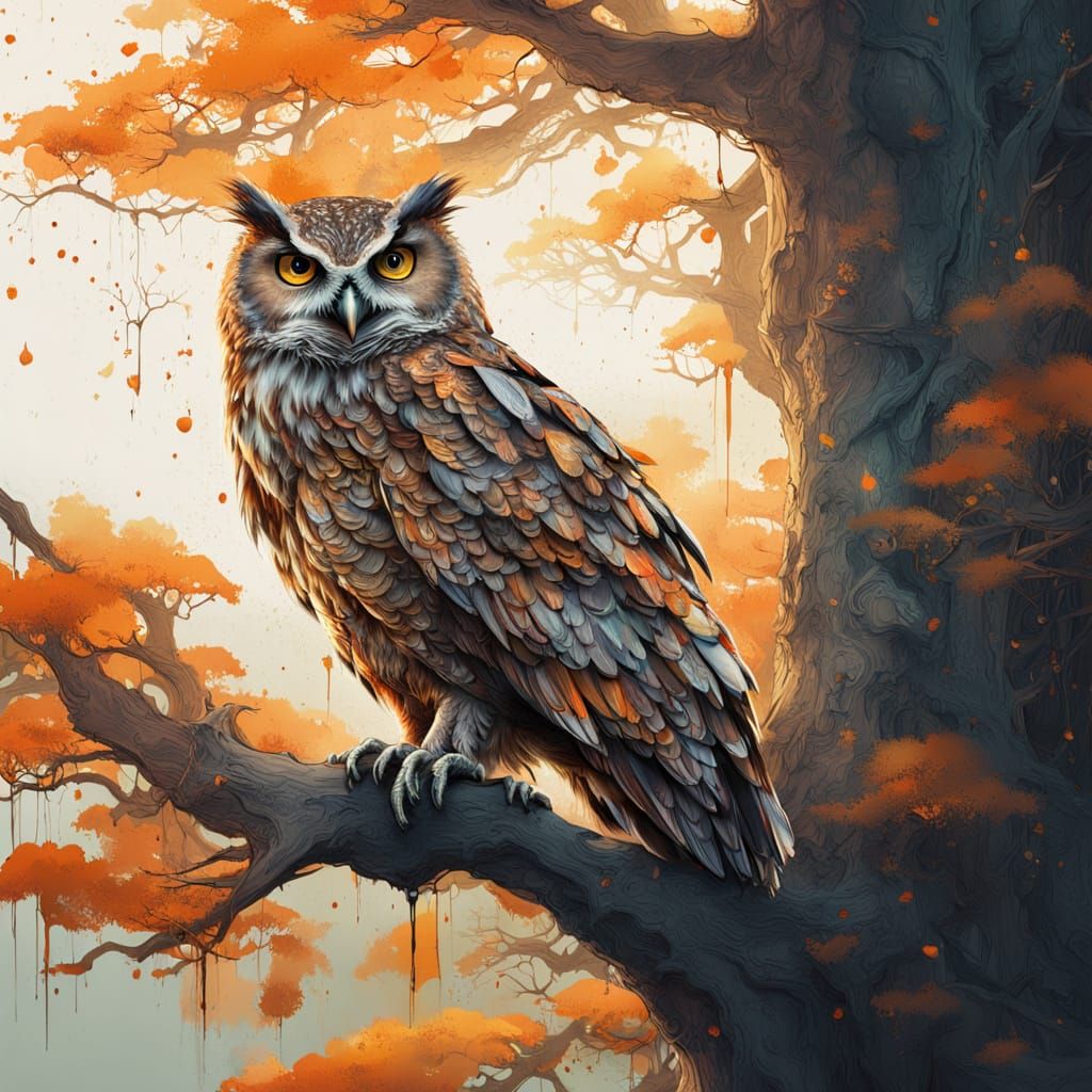 Wise Owl in Enchanted Forest Silk Painting