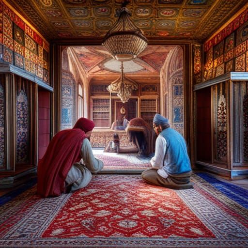 Kashmiri Weavers Crafting Code Carpet: Detailed Matte Painti...