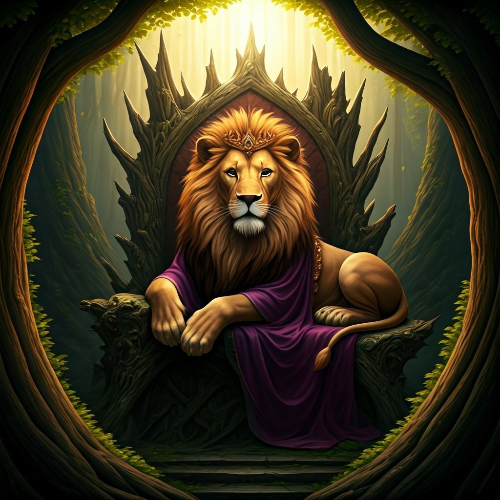 Regal Lion King on Throne in Enchanted Forest