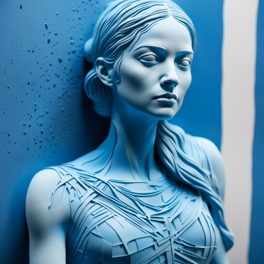 Blue Laser Cutting Realistic Woman From Clay Statue