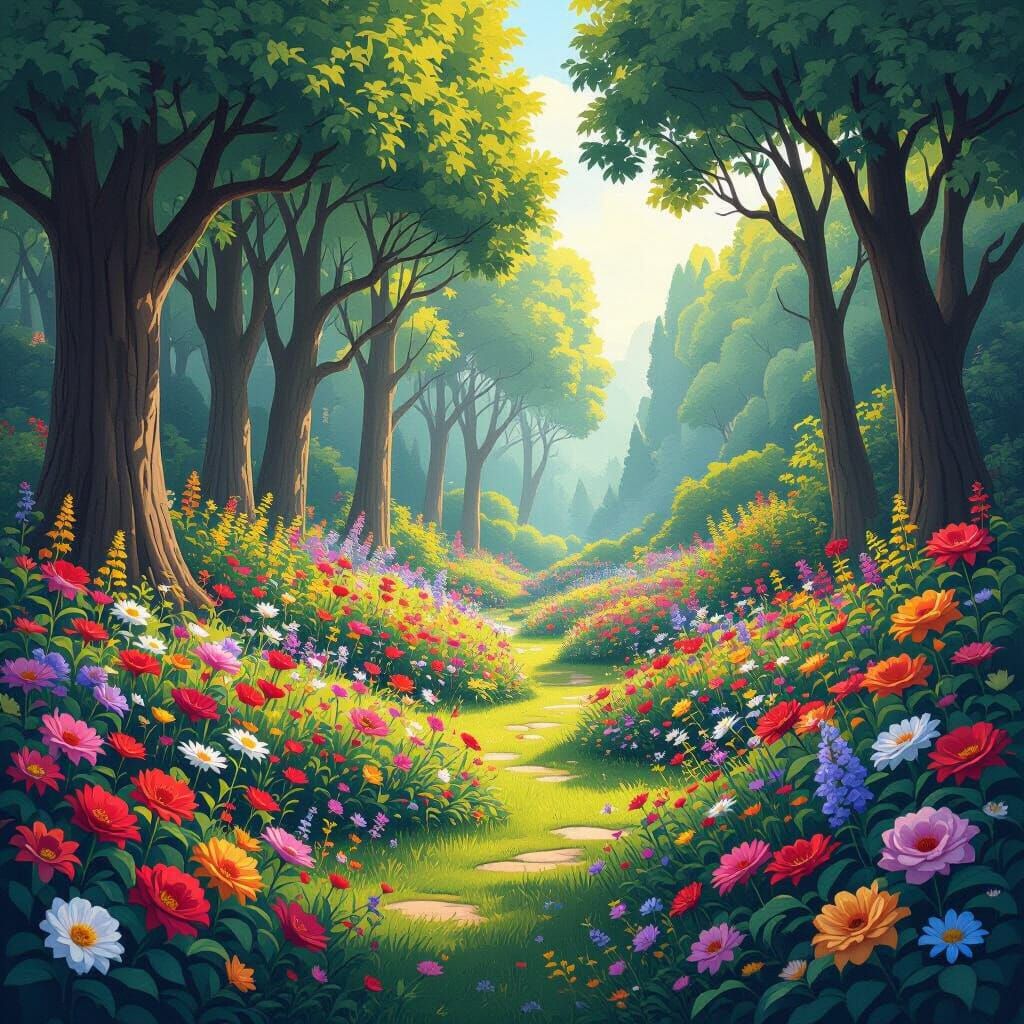Vibrant Garden in Fantasy Realism Art Style