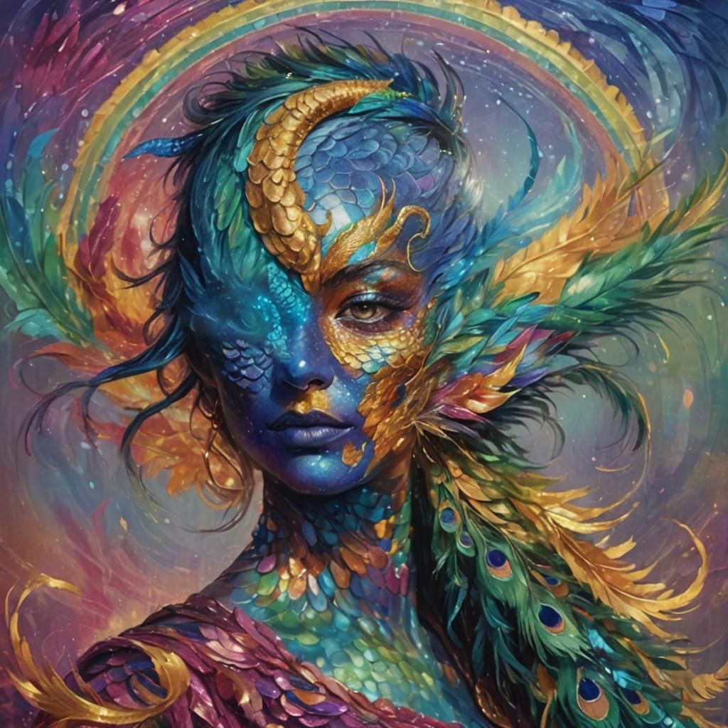 Woman Turns Into Rainbow Dragon Serpent, Art Nouveau