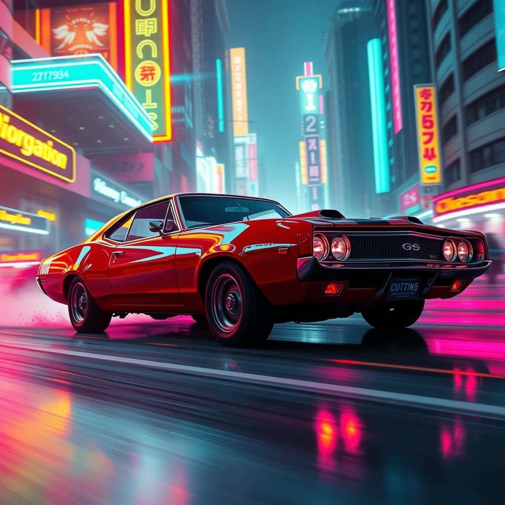 Cyberpunk Muscle Car Speeds Through Neon Cityscape