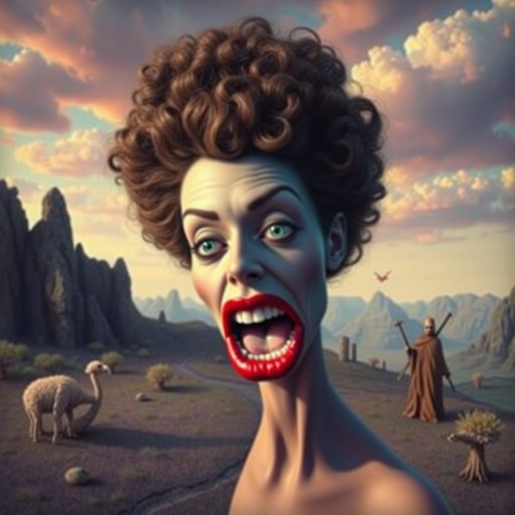 Surreal Woman with Gravity-Defying Hair and Large Mouth